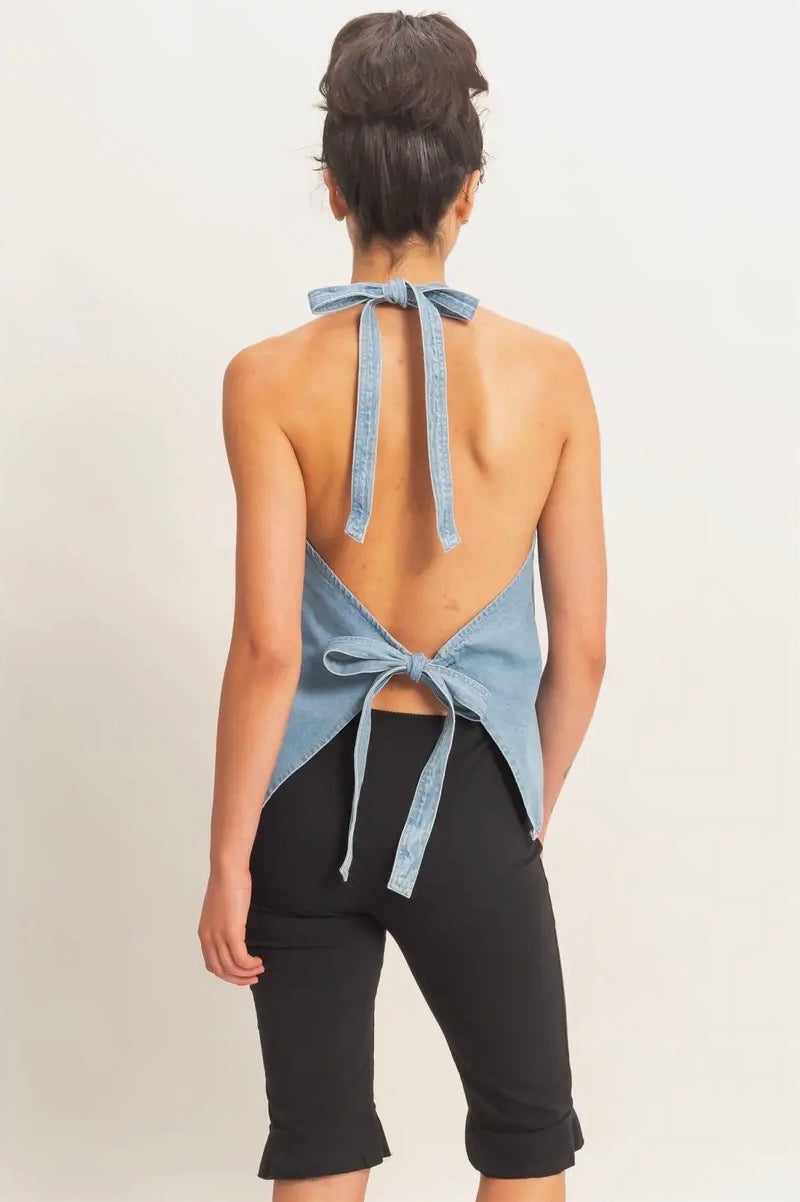Denim Back Tie Halter Vest