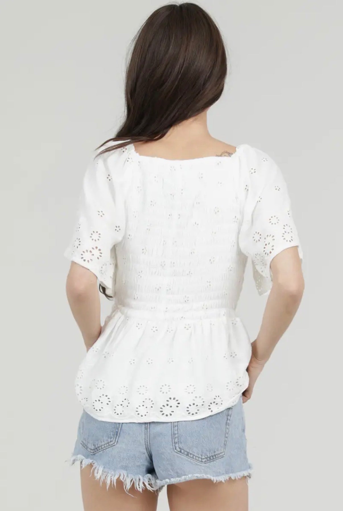 Smocked Eyelet V Neck Top