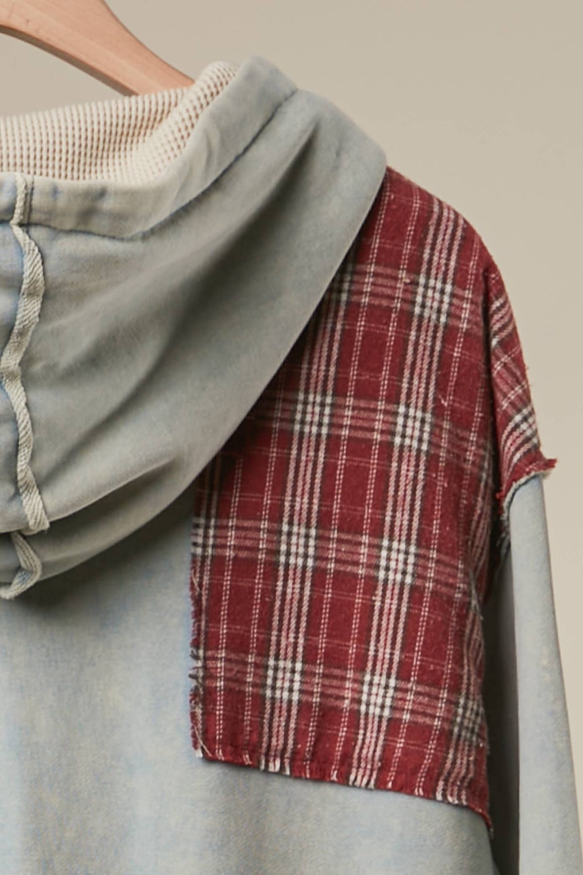 Washed Blue Plaid Patch Hoodie