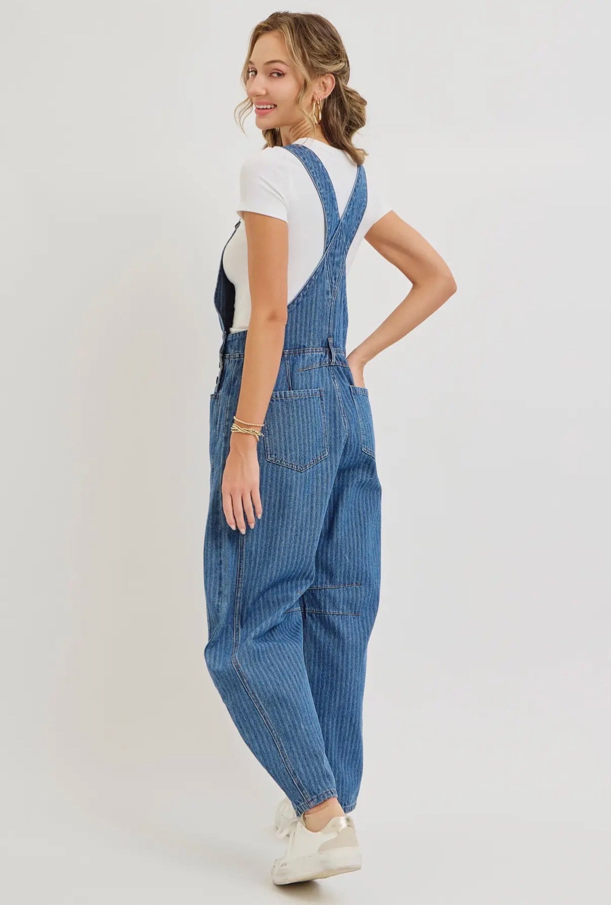 Denim Stripe Barrel Overalls