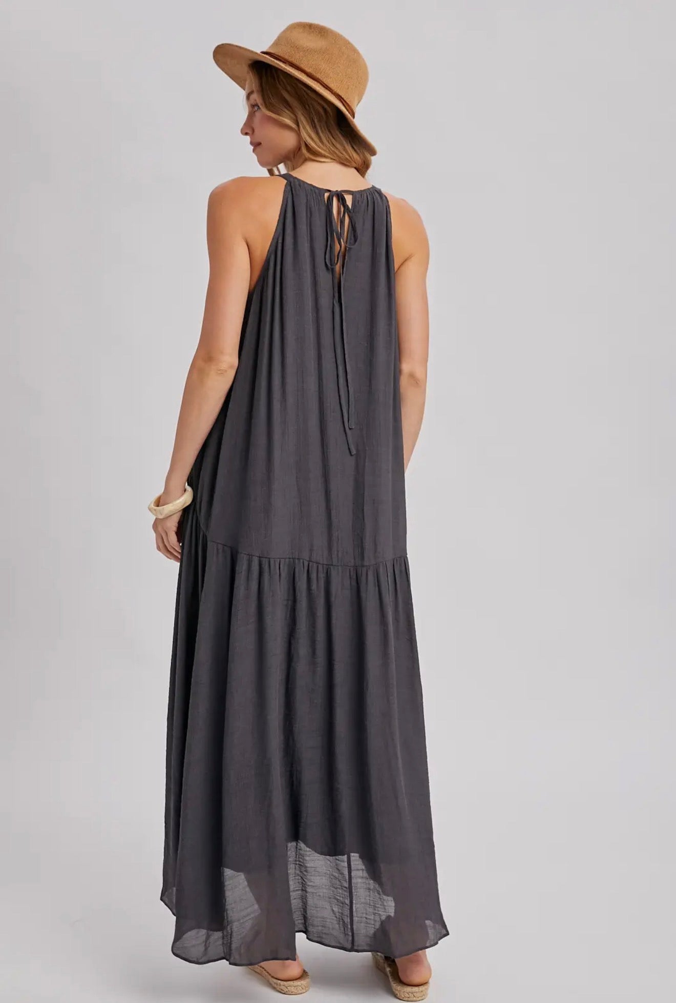 Gathered Halter Charcoal Maxi Dress
