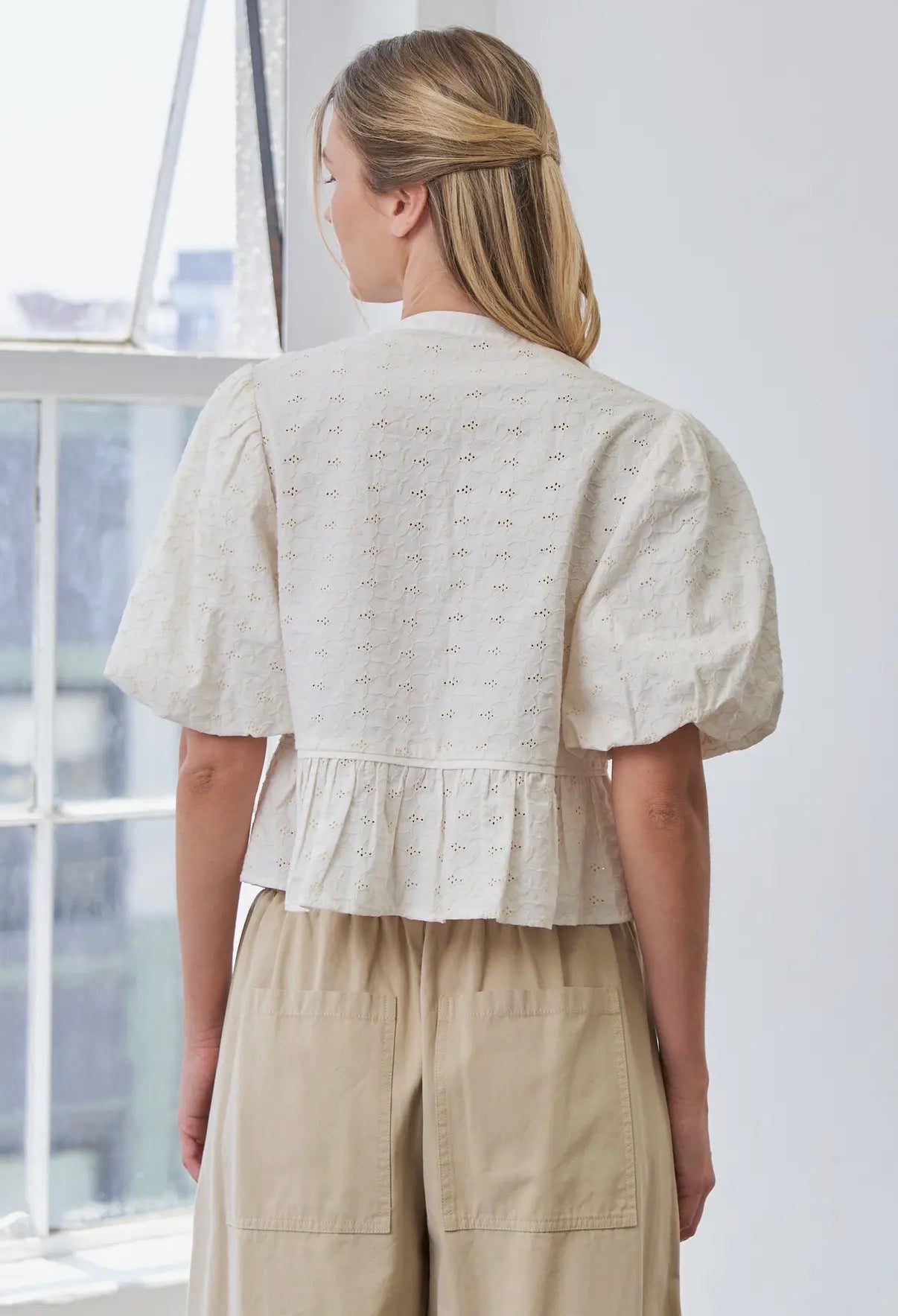 Eyelet Tie Front Peplum Top
