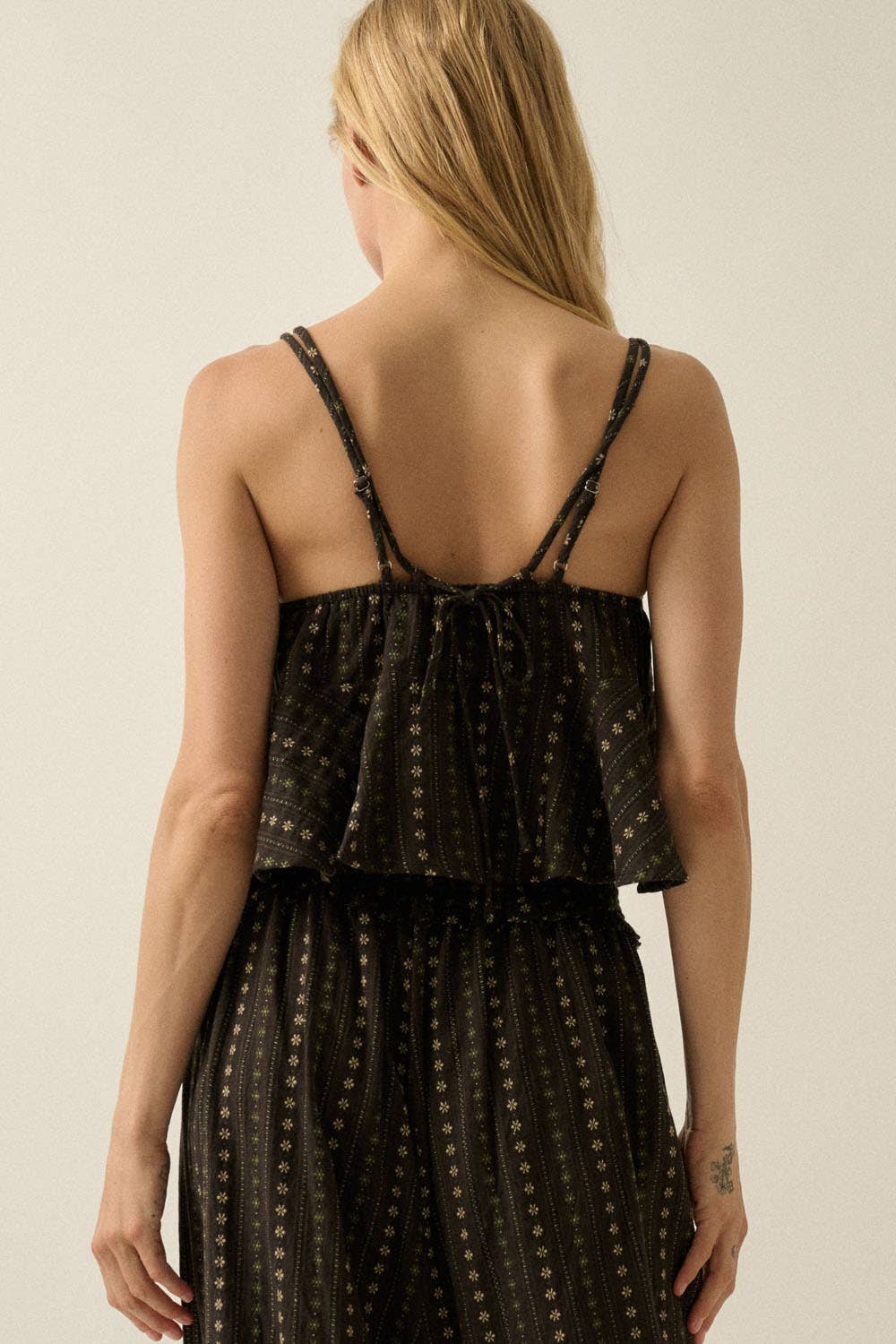 Floral Cotton Gauze Ruffled Open-Back Babydoll Tank Top