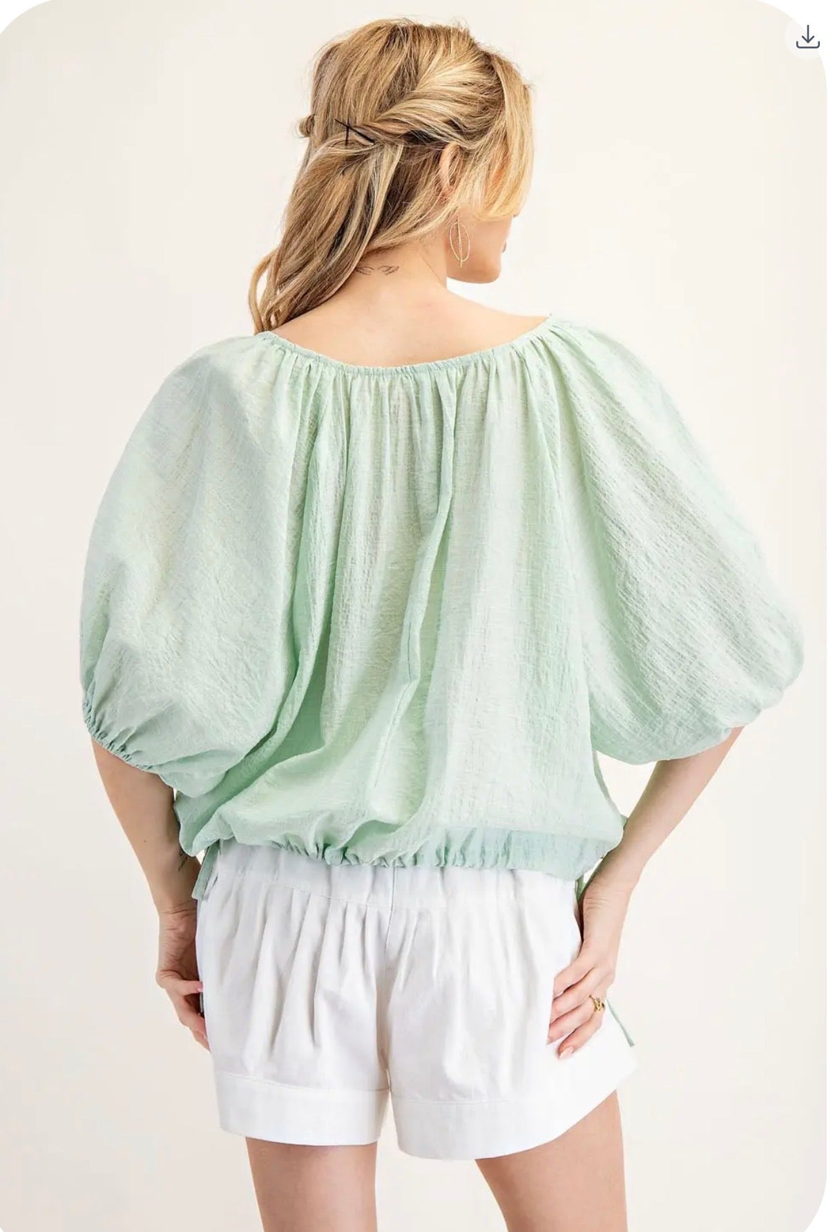 Mint Puff Sleeve Scoop Neck Blouse