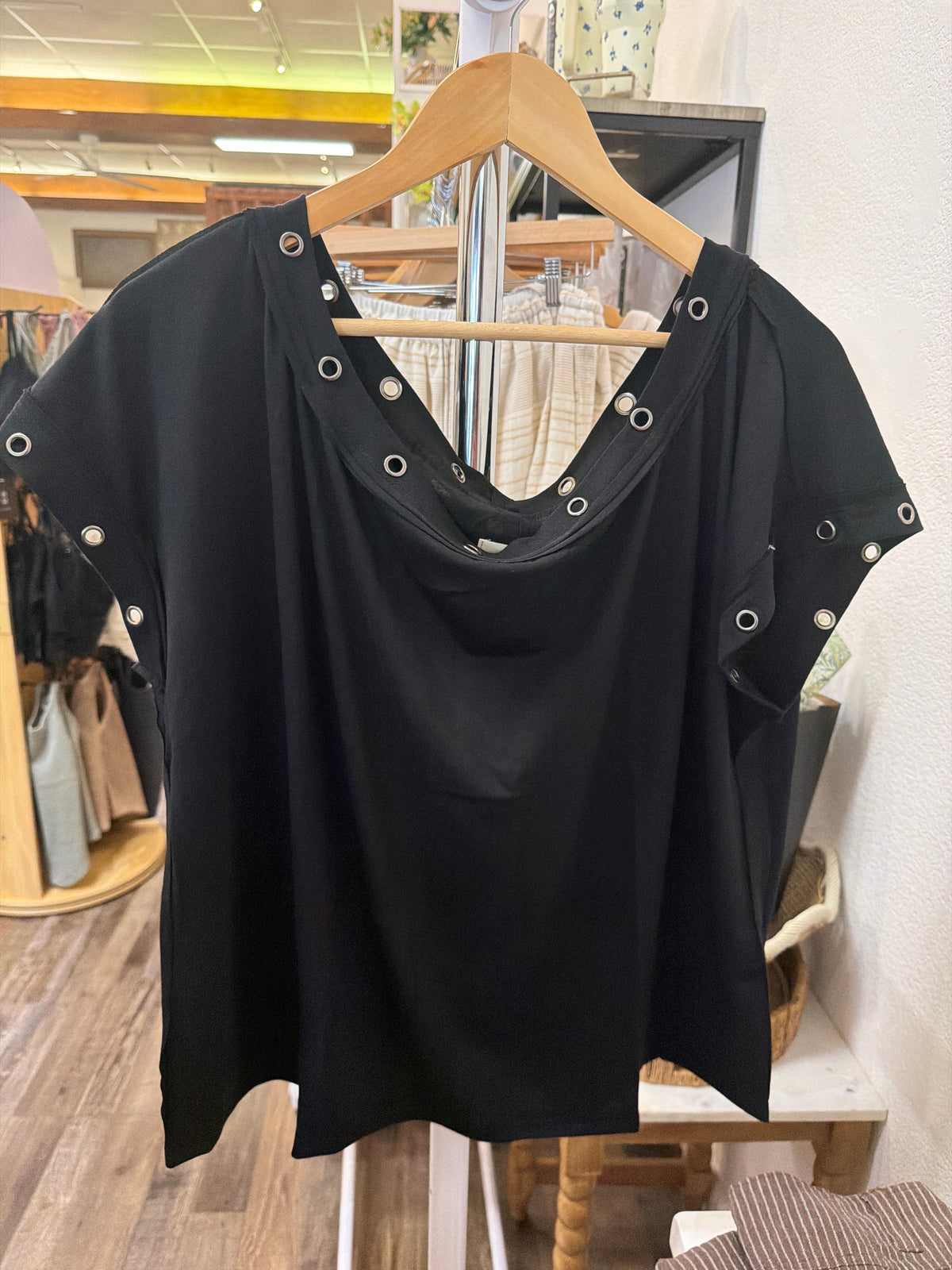 Black Metal Eyelet Off The Shoulder Tee Shirt