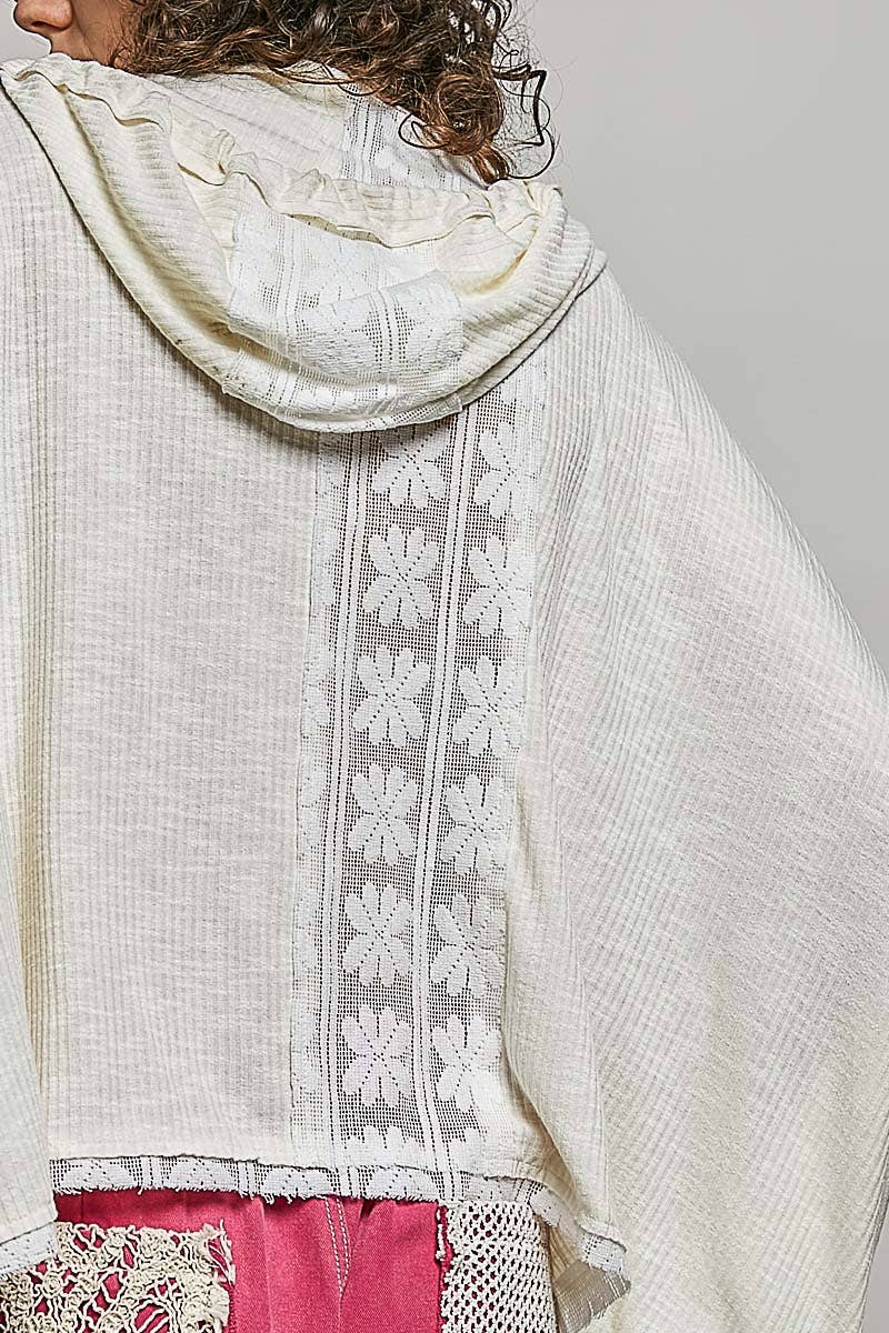 Lace Patch V-Neck Relaxed Fit Basic Airy Hoodie Top