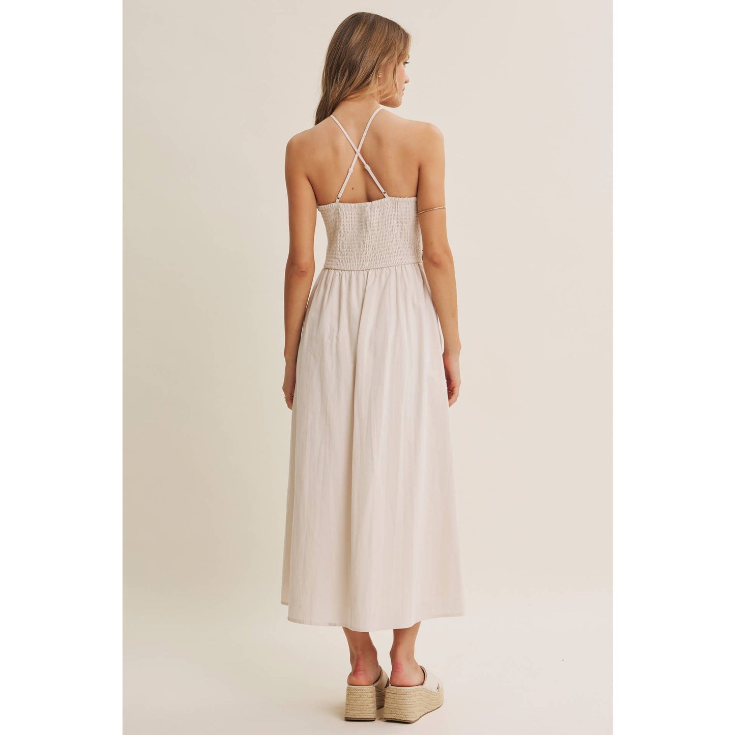 SUNSET TERRACE CROCHET LACE HALTER NECK SMOCKED MIDI DRESS