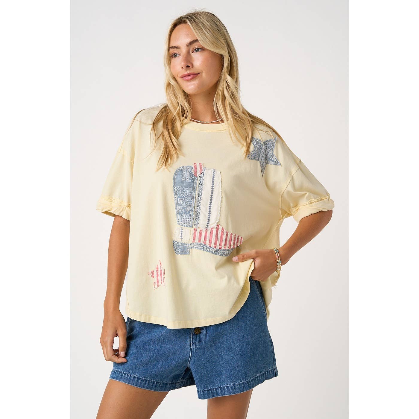 COWBOY BOOT PATCHWORK SHORT SLEEVE TOP