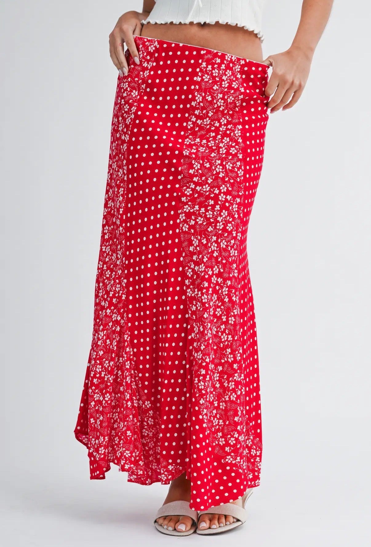 Red Polka Dot Floral Maxi Skirt