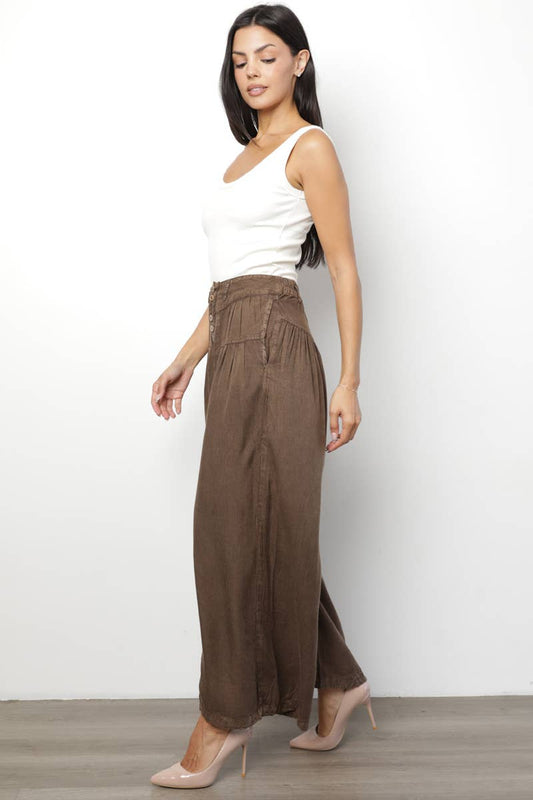 ACID WASH BUTTON FRONT WIDE LEG PANTS