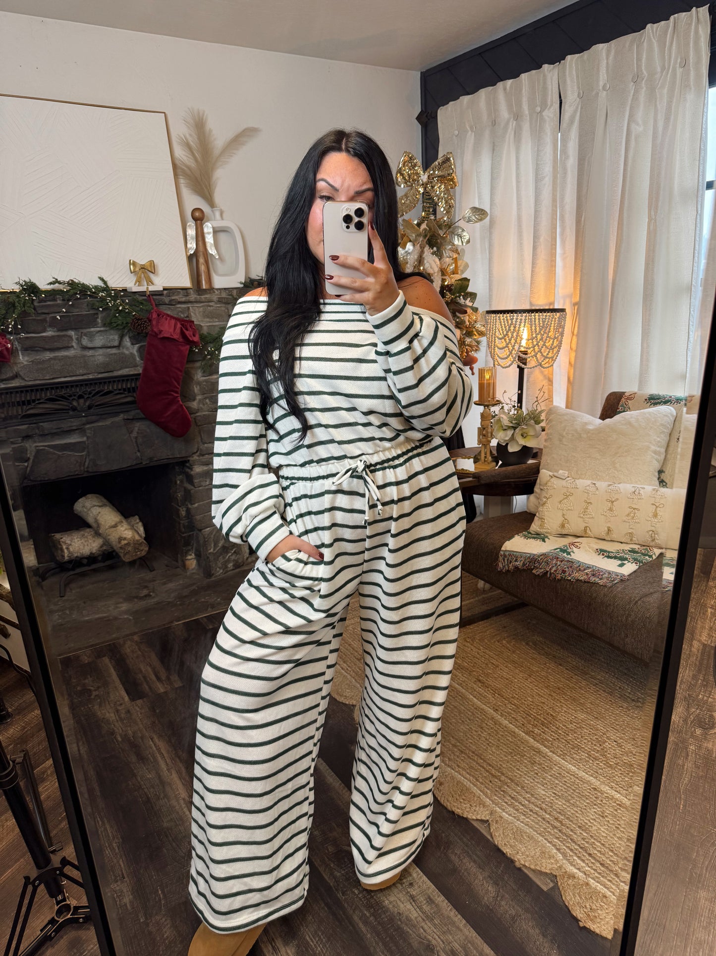 Off-Shoulder Striped Terry Jumpsuit