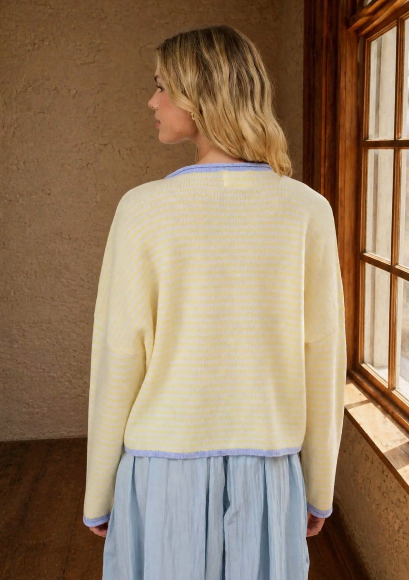 Striped Raw Edge Button Cardigan