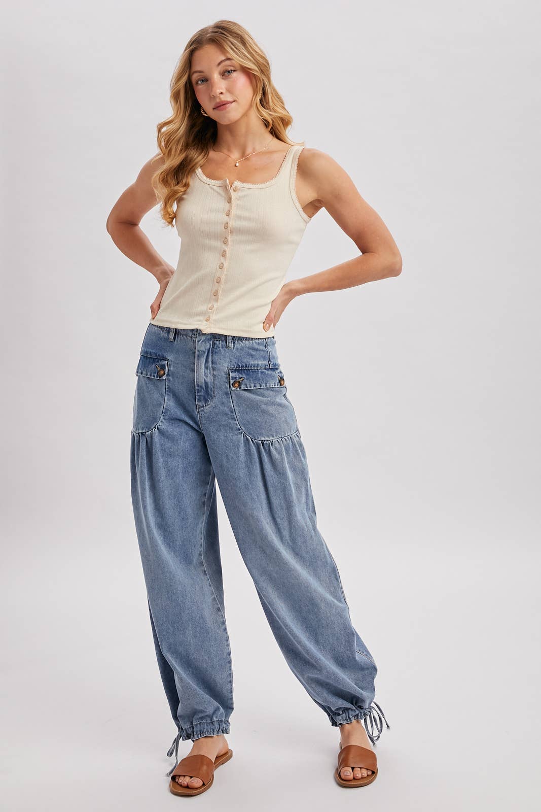 DENIM ANKLE DRAWSTRING BALLOON JEANS