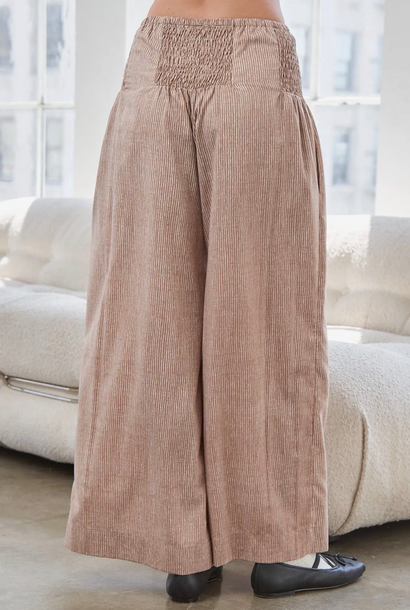 Smocked Waist Stripe Brown Pants