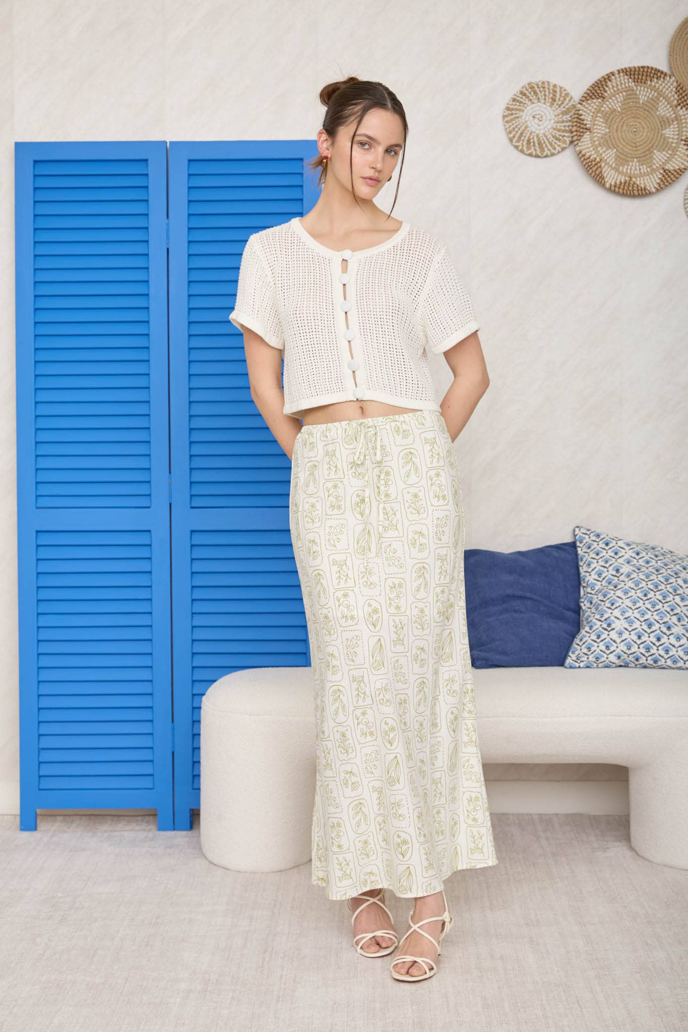 FLORAL TILE PATTERN LINEN MIDI SKIRT