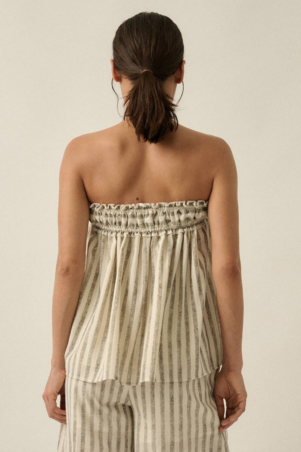 Striped Woven Strapless Drawstring Tunic Top