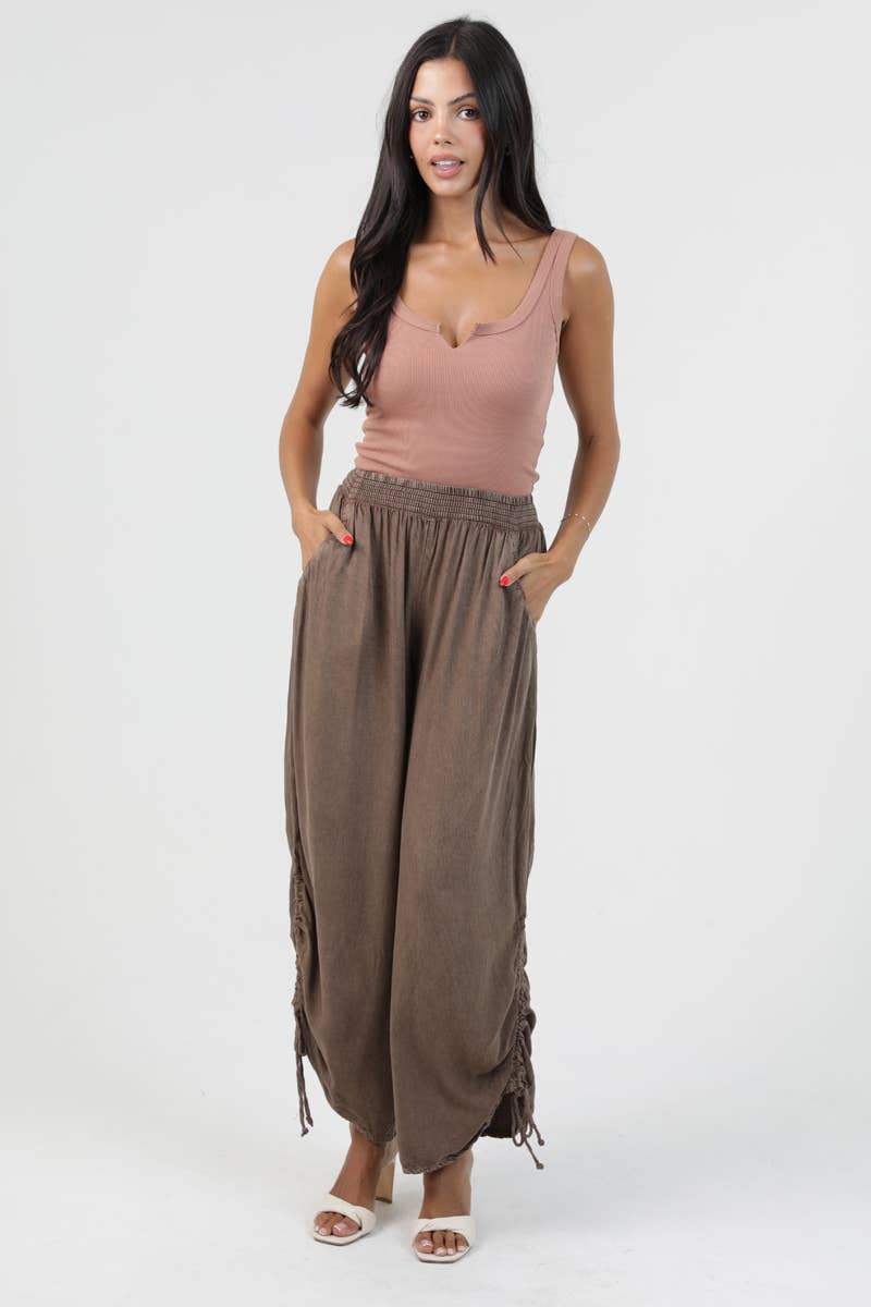 Brown CINCHED SIDE LEG WIDE PANT
