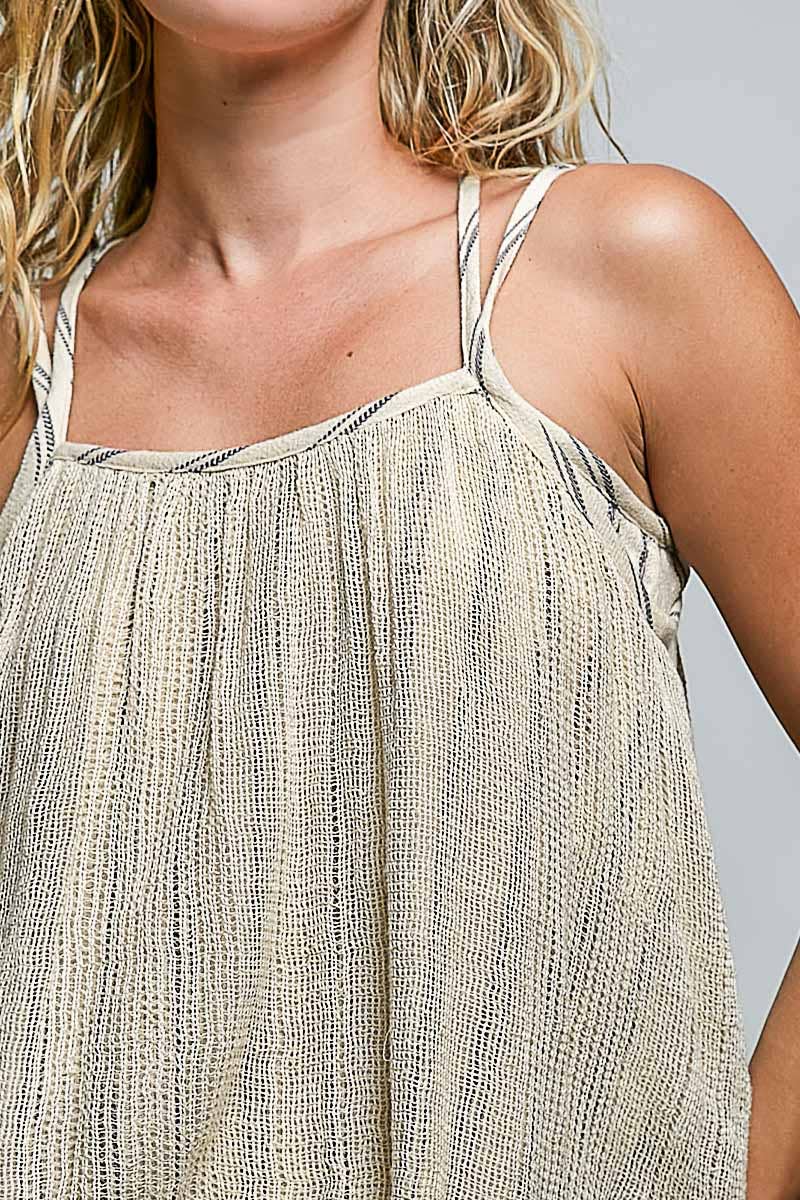 Crochet Wrap Stripe Linen Round Neck Sleeveless Top