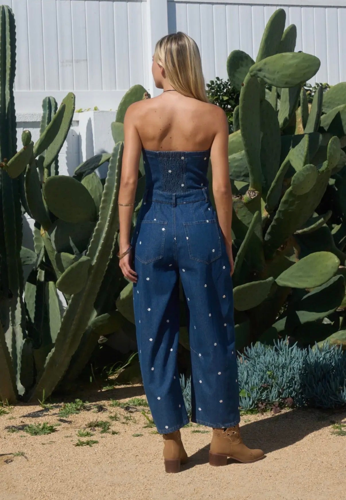 Strapless Embroidered Denim Jumpsuit