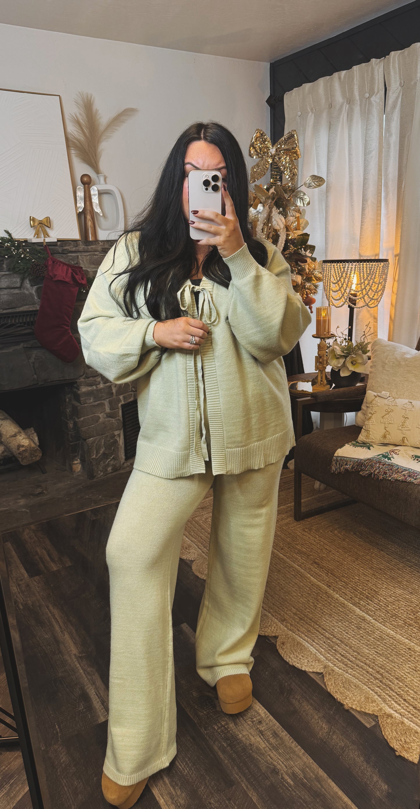 Sage Tie Knit Cardigan and Pants Matching Set