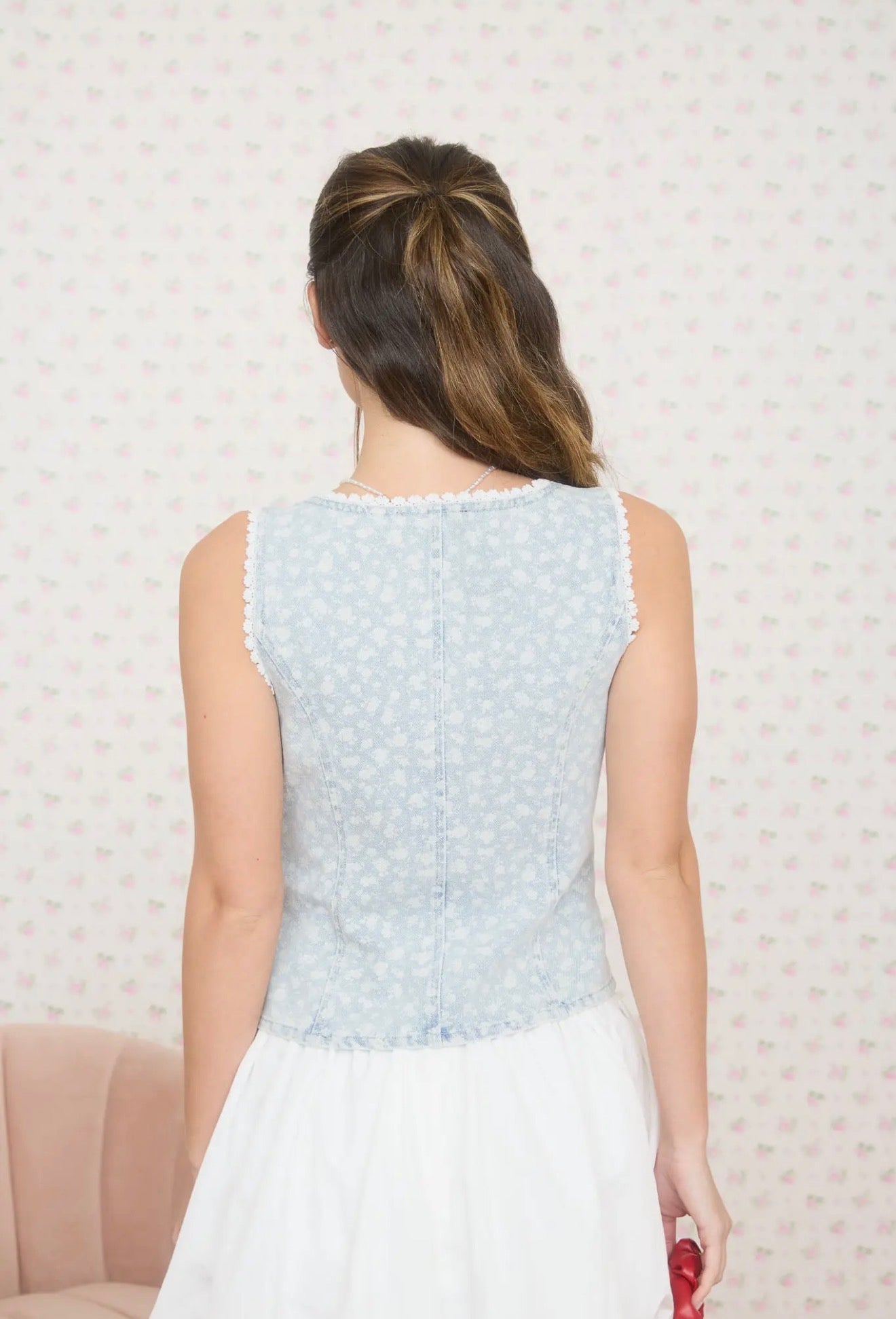 Denim Floral Buttoned Vest