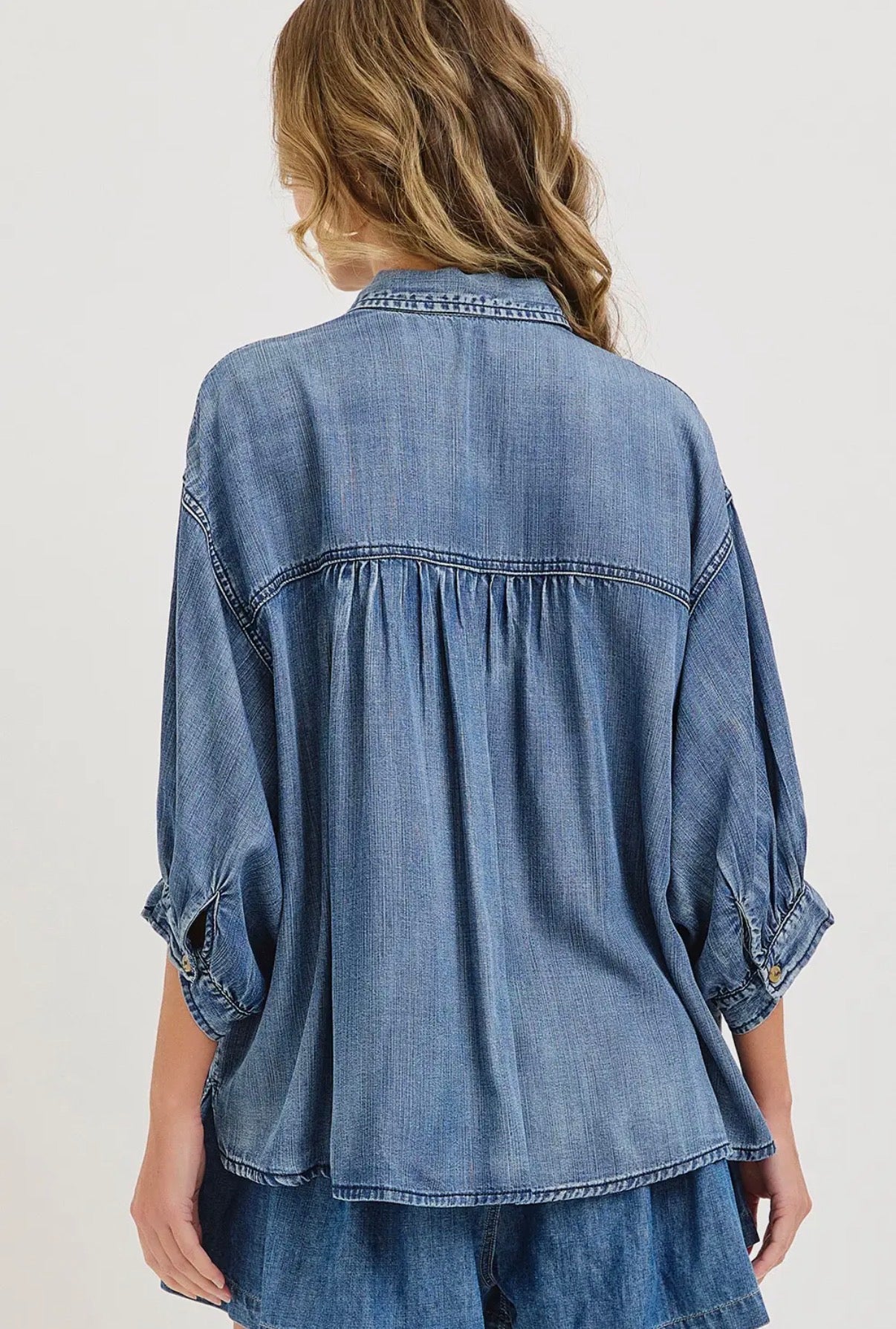 Short Sleeve Denim Button Up Top