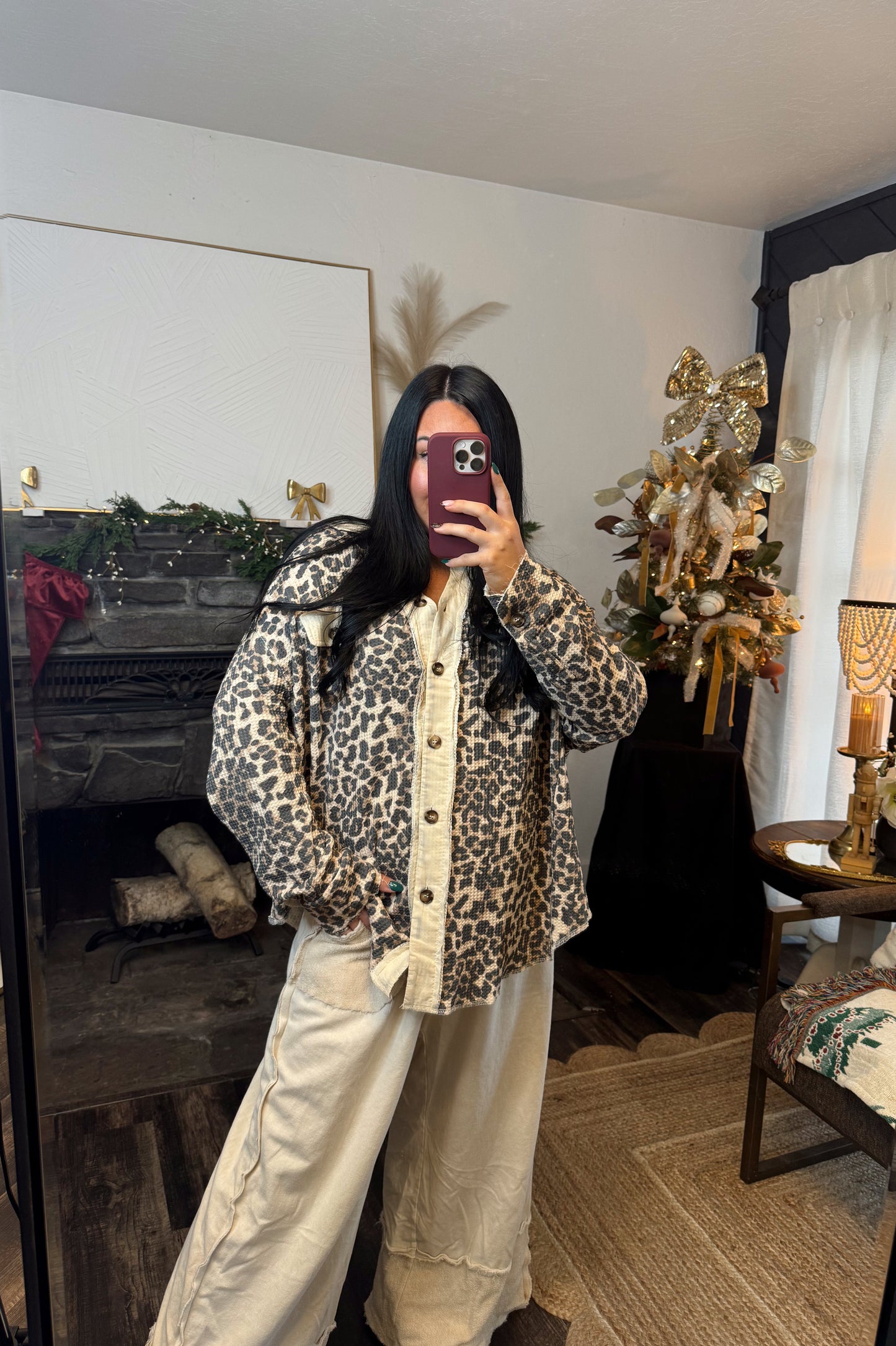 Leopard Print Waffle Thermal Button Up