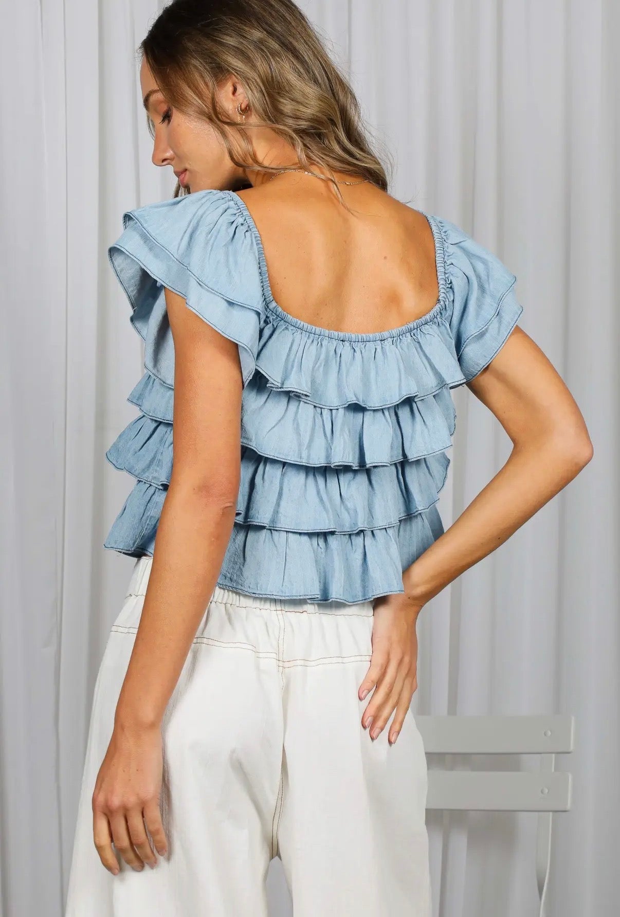 Tiered Flutter Denim Top