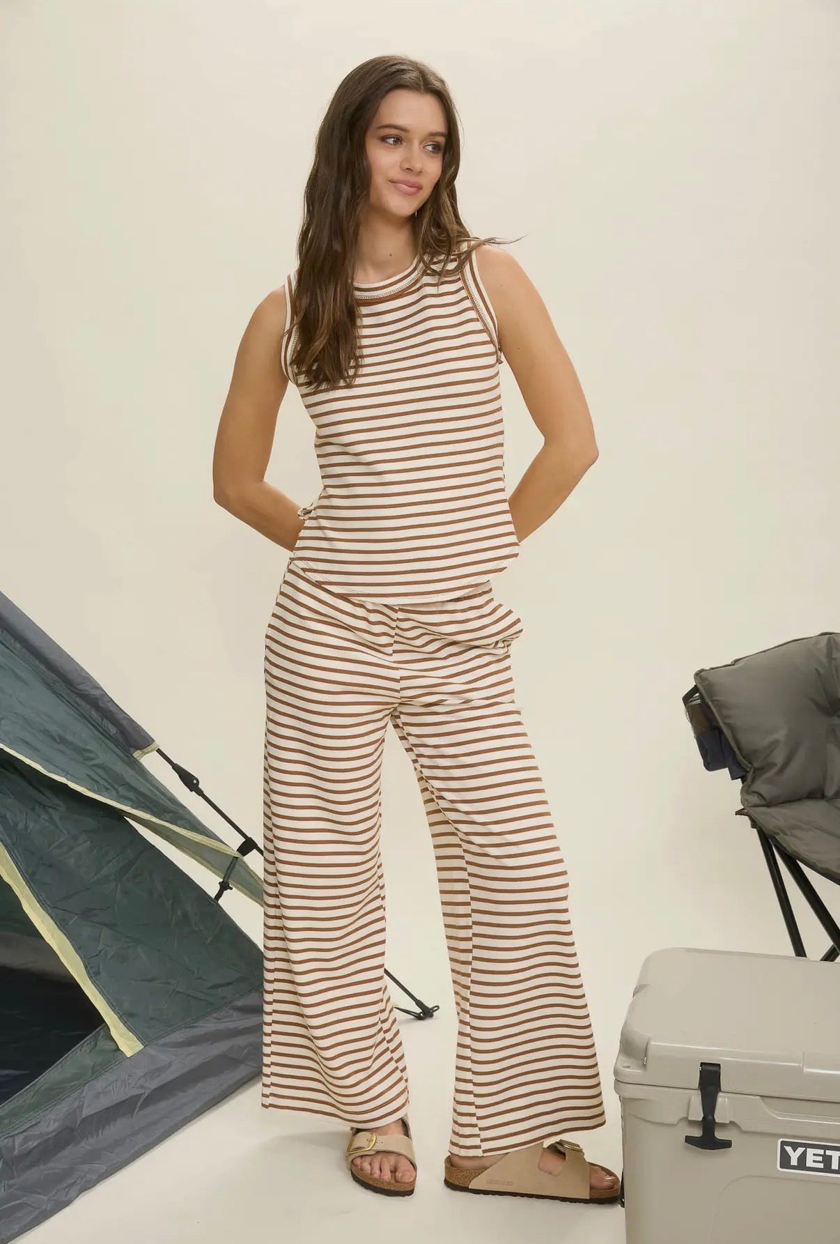 Brown Stripe Tank Top Set