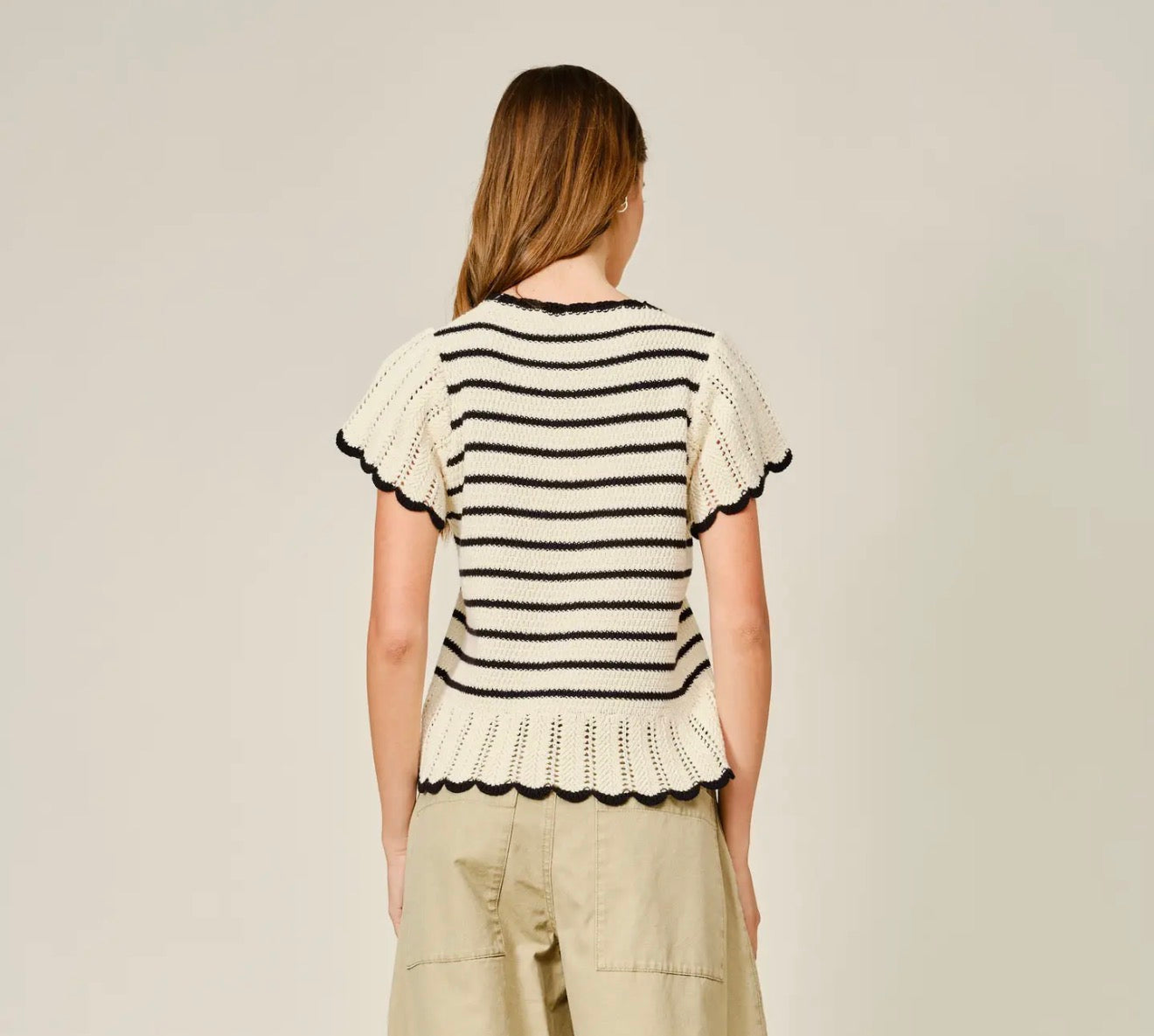 Striped Crochet Short Sleeve Sweater