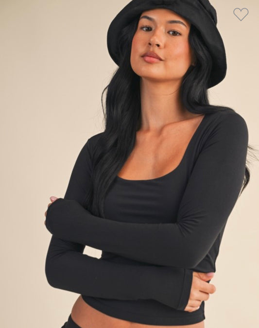 Black Square Neck Long Sleeve Top