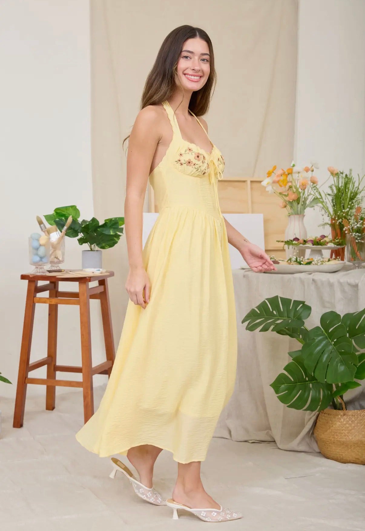 Halter Detail Embroidered Midi Dress
