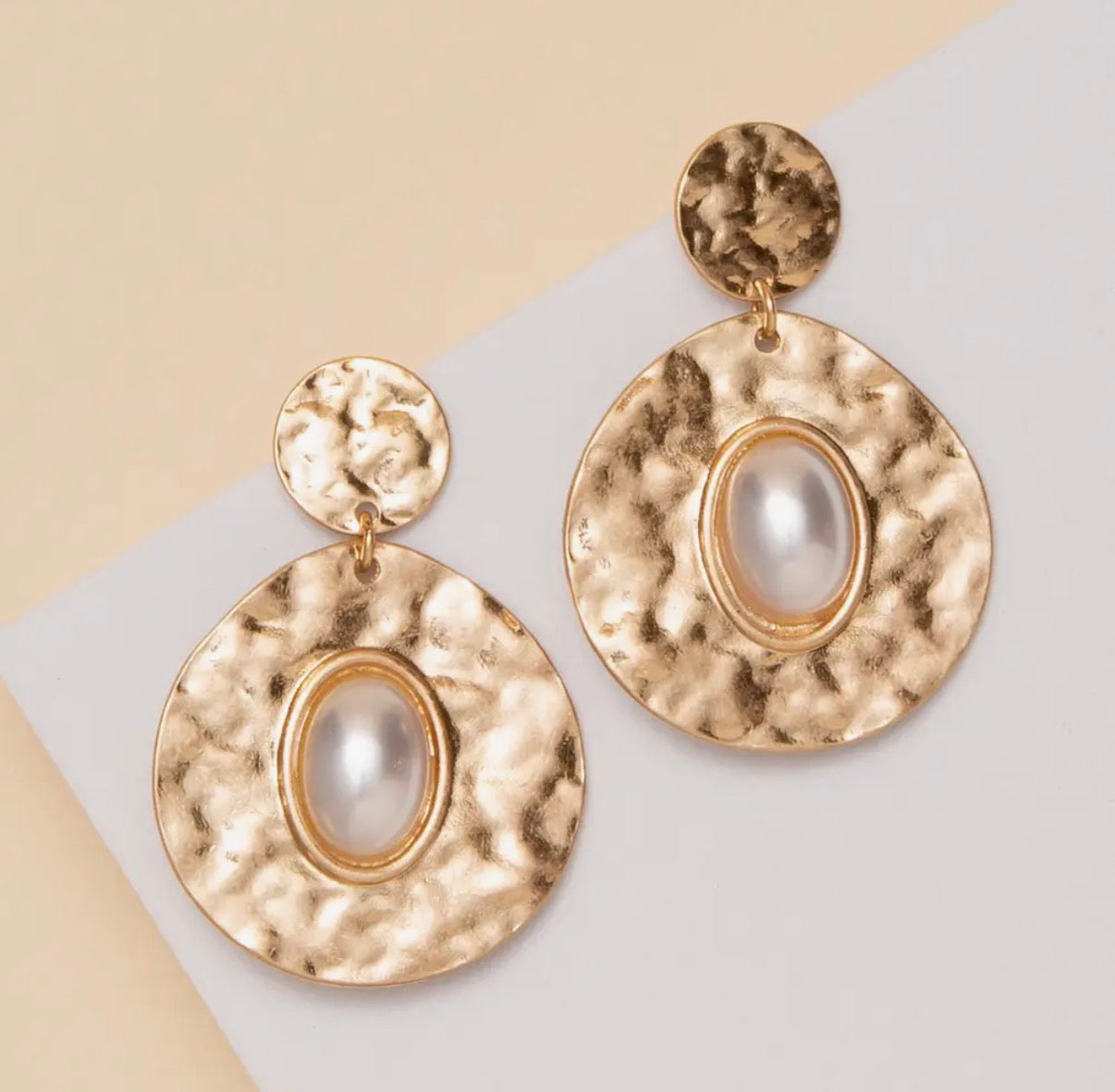 Hammered Gold Pearl Earrings