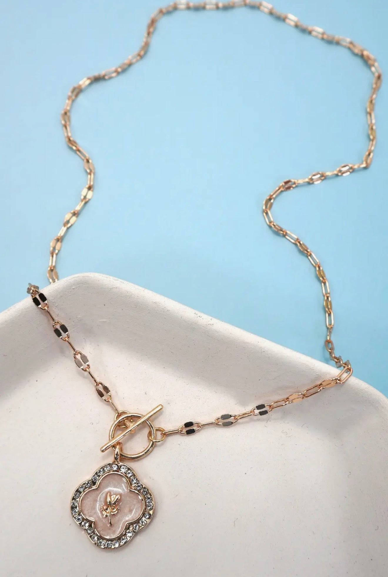 Rhinestone Rose Pearl Toggle Necklace