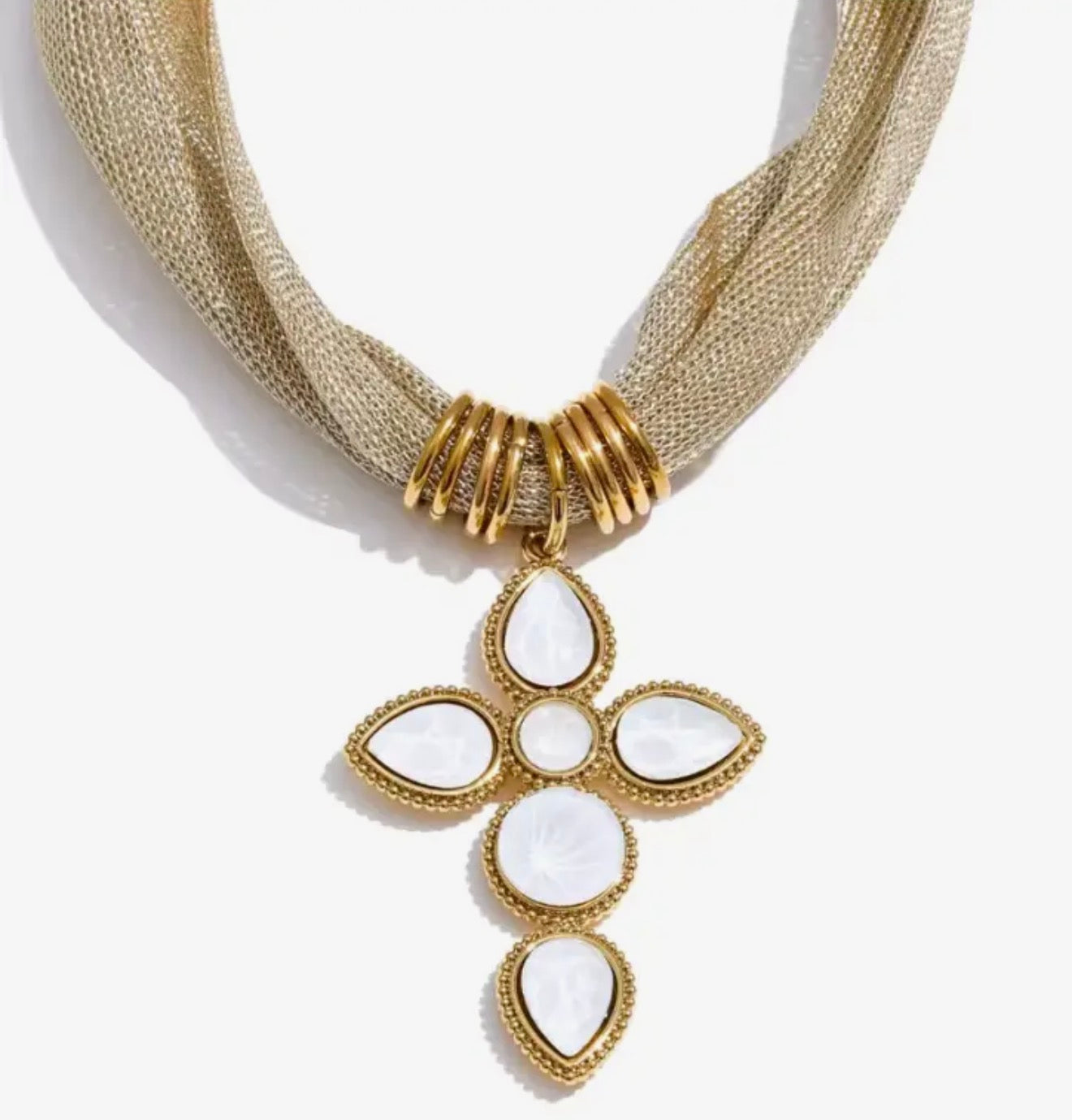 Cross Charm Mesh Necklace White