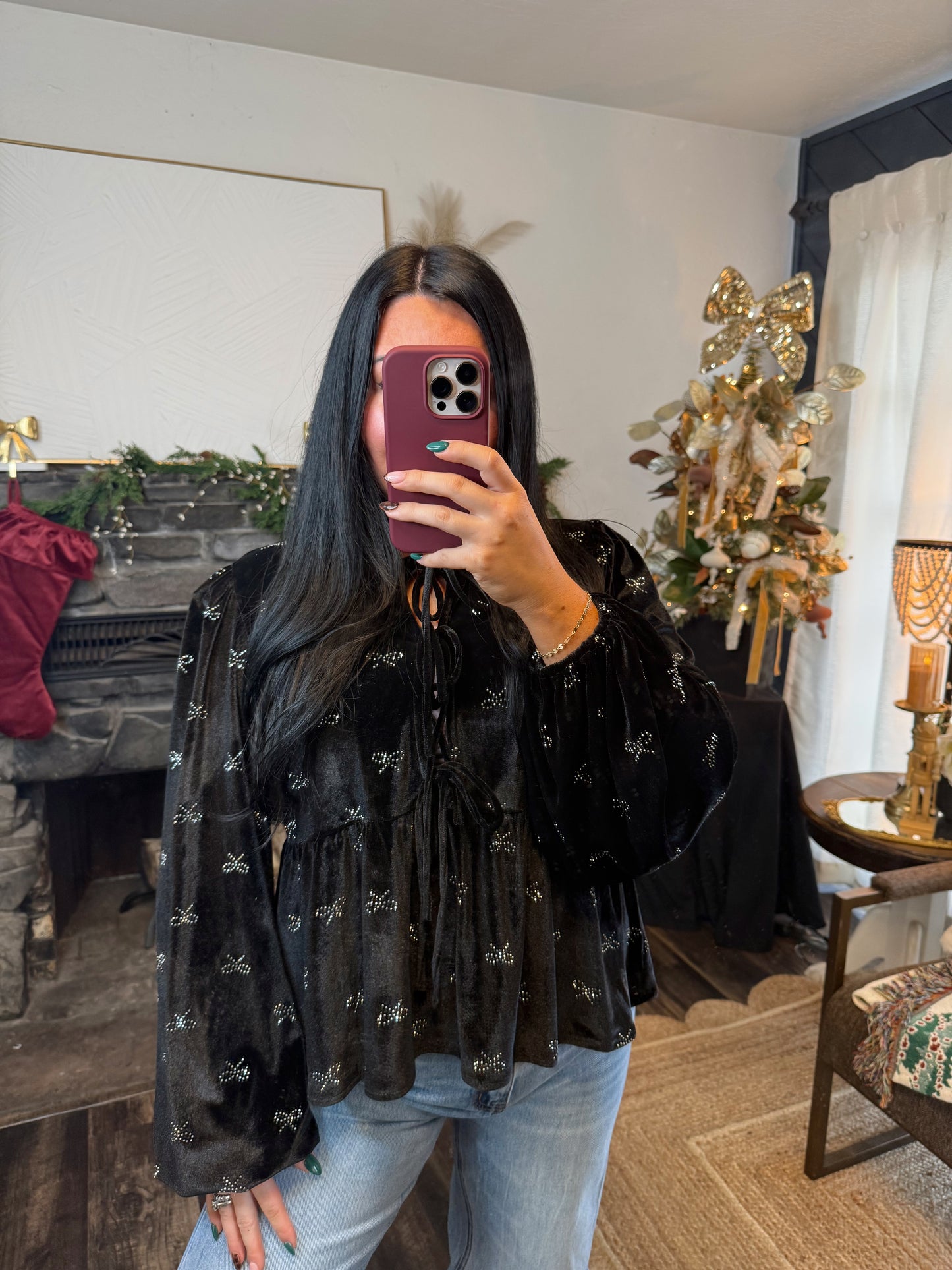 Ribbon Embellished Velvet Top