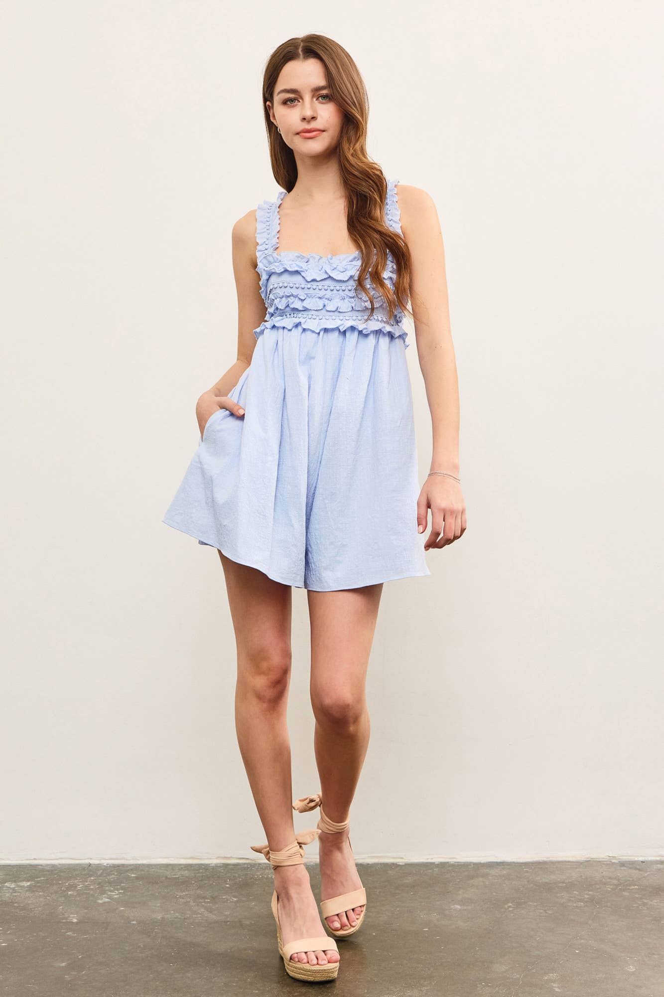 Layered Ruffle Textured Open Back Romper