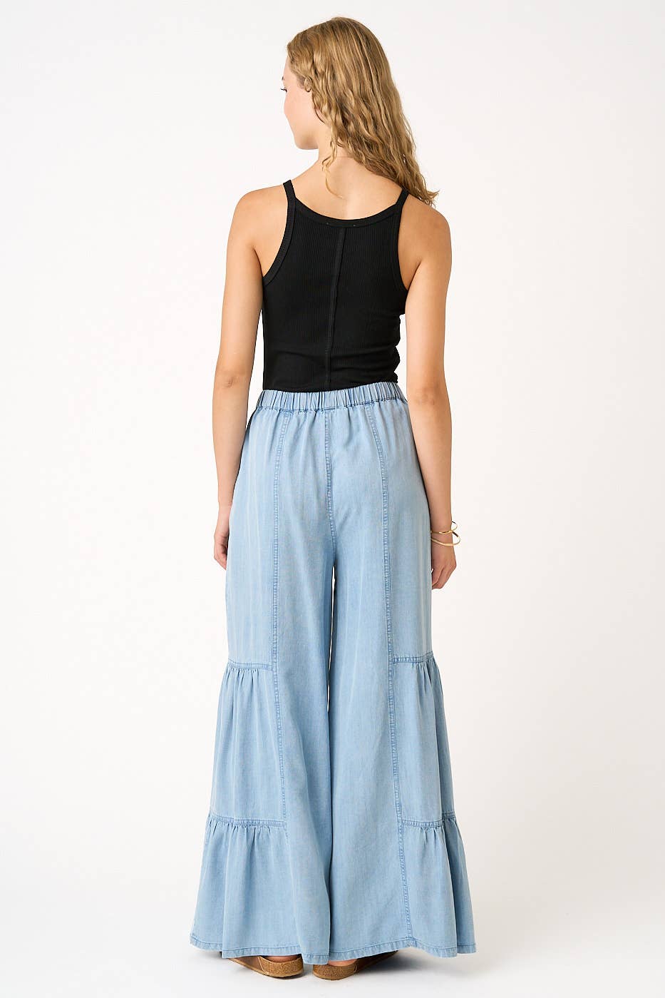 WASHED CHAMBRAY TIERED WIDE LEG BUTTON FRONT PANTS