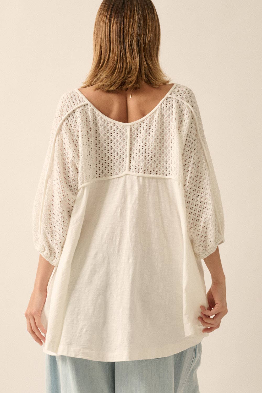 Oversized Crochet Raglan-Sleeve Cotton Knit Top
