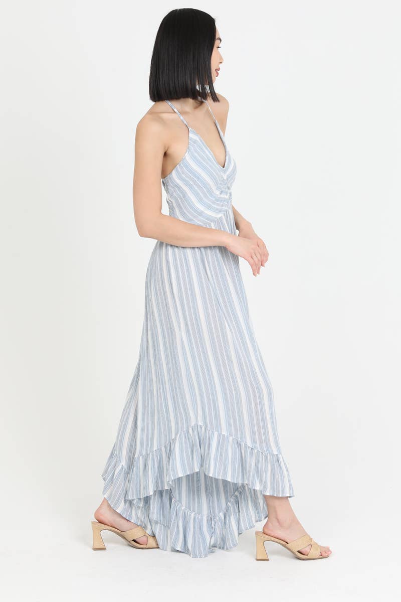 V NECK HALTER ANGLED HEM WIDE LEG JUMPSUIT
