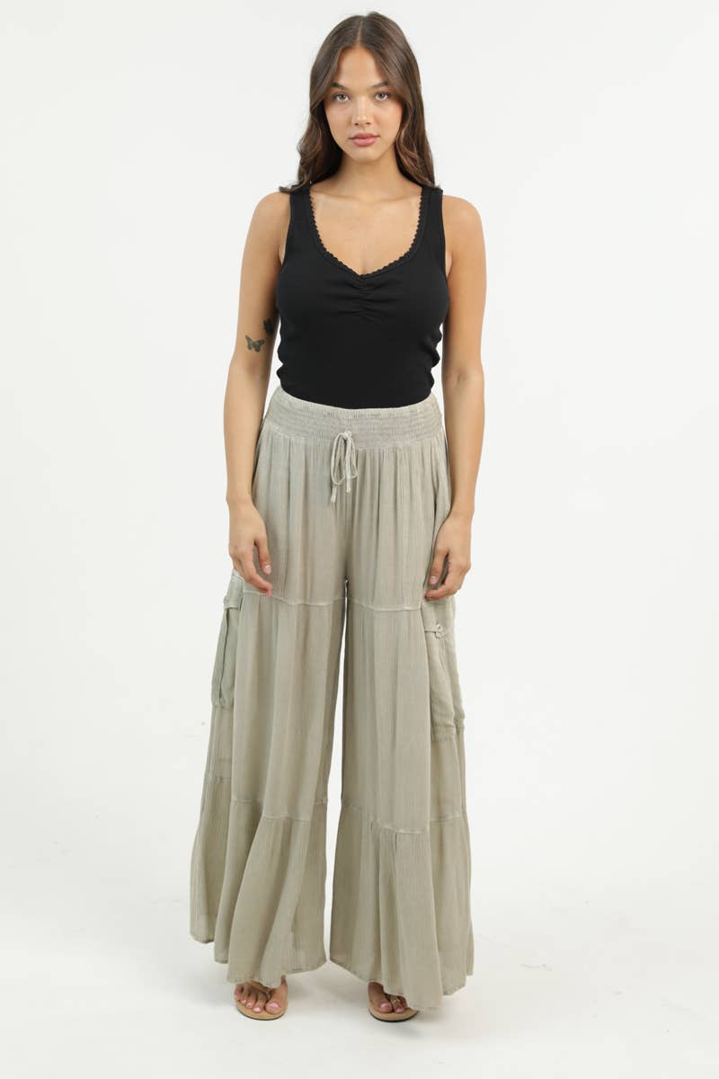 WIDE LEG PANTS WITH SMOCKED WAISTBAND AND CARGO