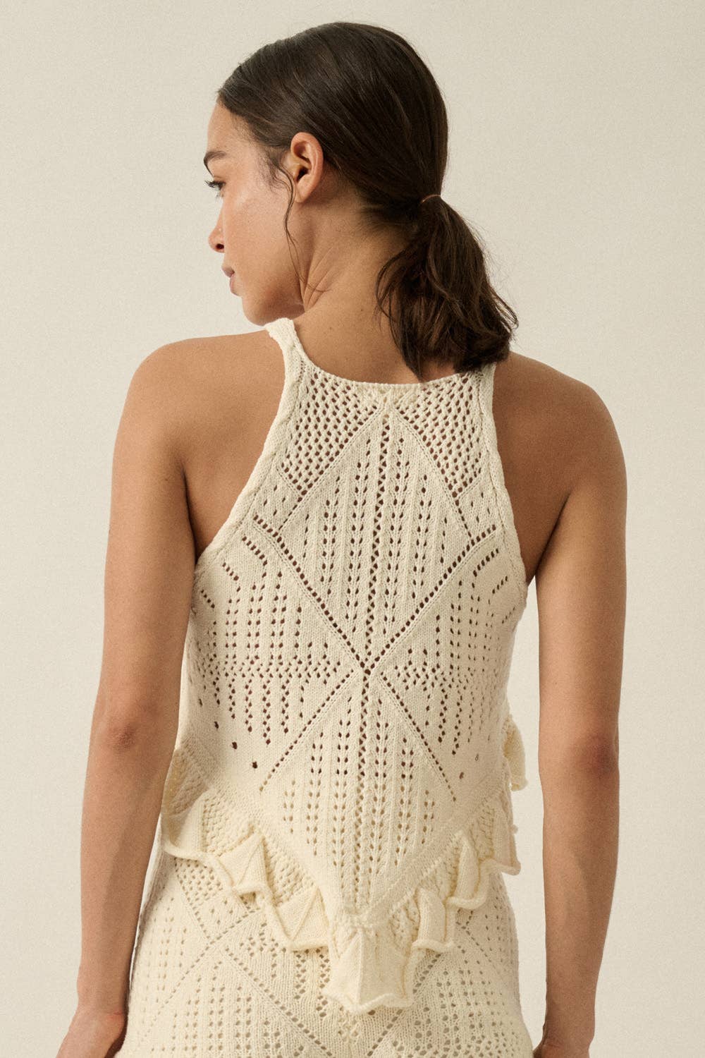 Pointelle Crochet-Knit Ruffled Handkerchief Tank Top