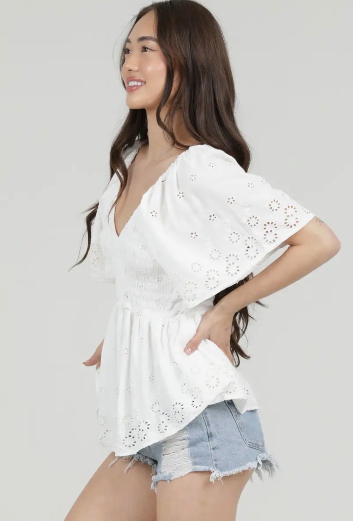 Smocked Eyelet V Neck Top