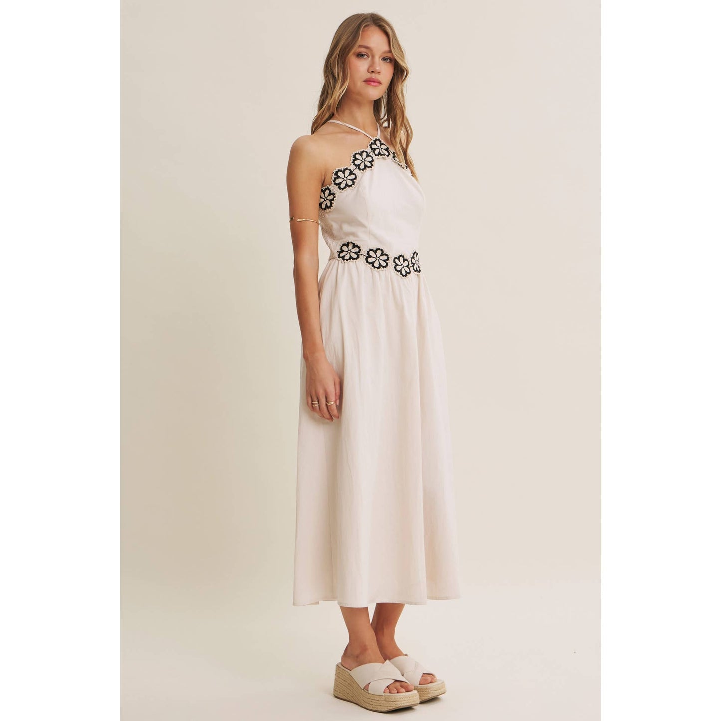 SUNSET TERRACE CROCHET LACE HALTER NECK SMOCKED MIDI DRESS