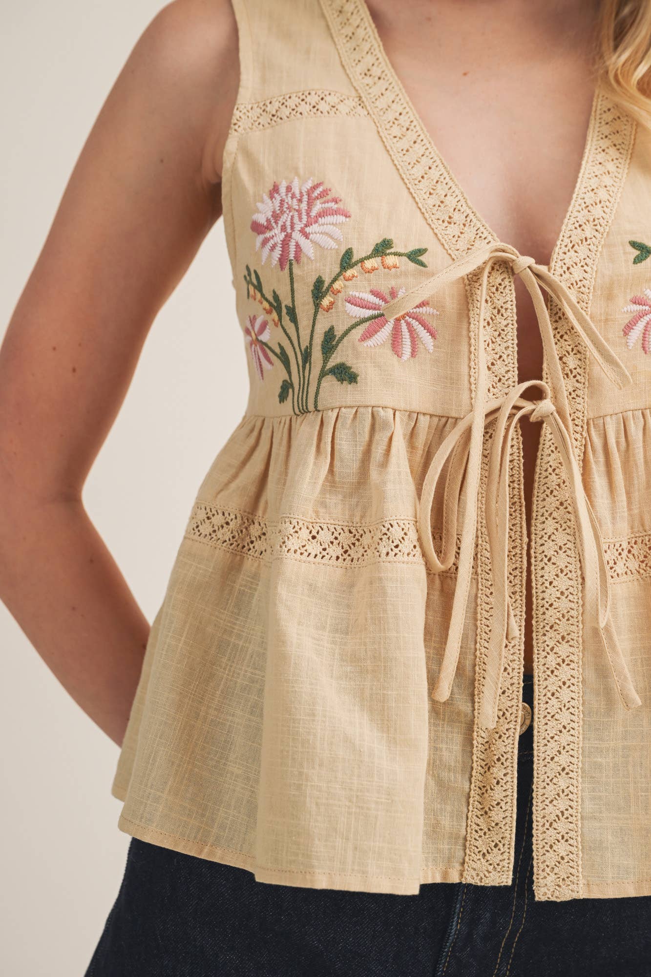 Embroidered Floral Tie-Front Peplum Vest