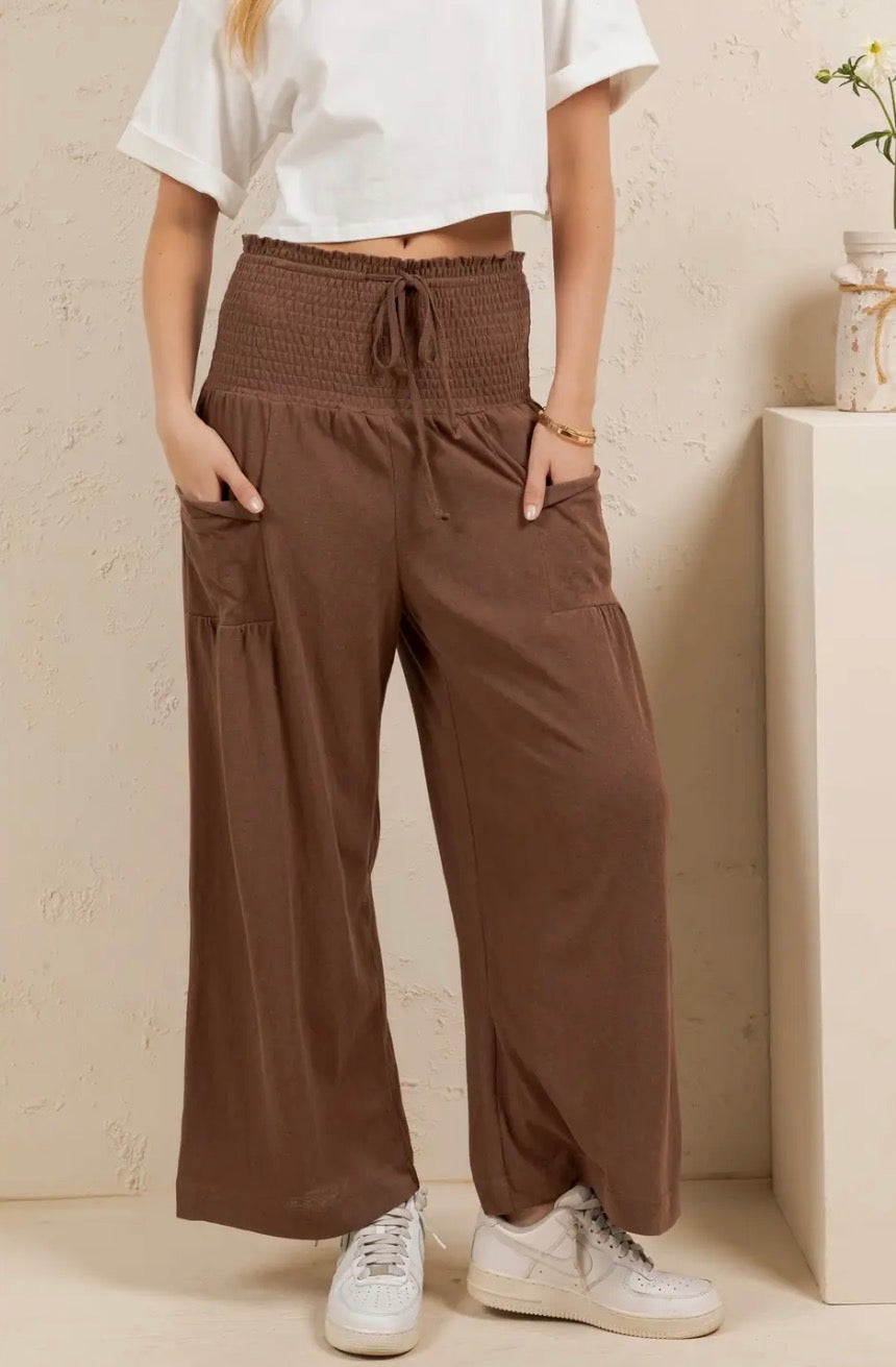 Brown Smocked Waist Pants