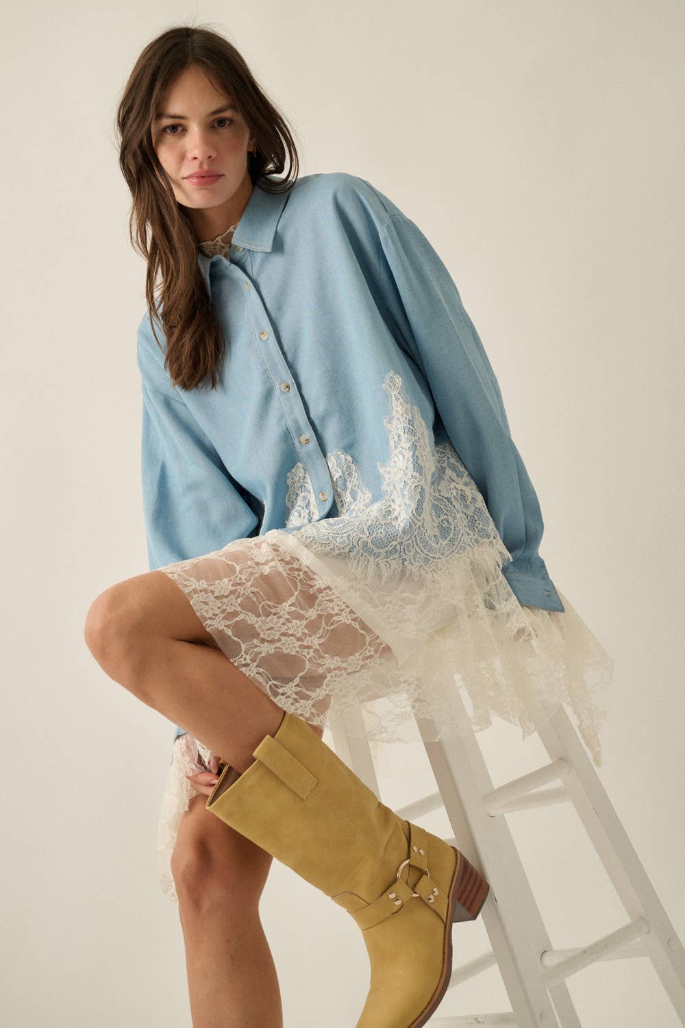 Tencel Denim Lace Button-Up Shirt