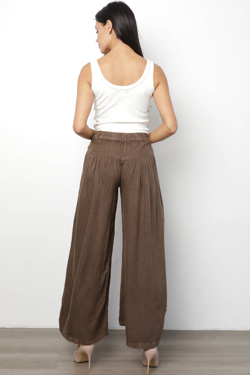 ACID WASH BUTTON FRONT WIDE LEG PANTS