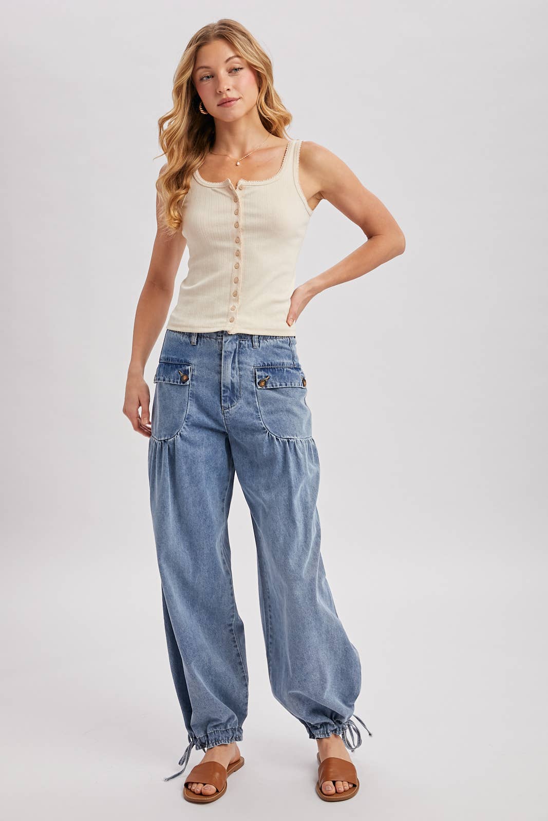 DENIM ANKLE DRAWSTRING BALLOON JEANS