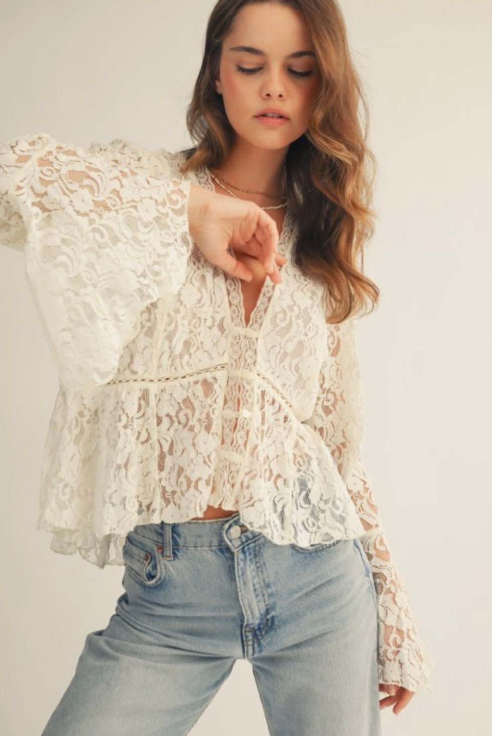 Romantic Floral Lace Button Up Blouse